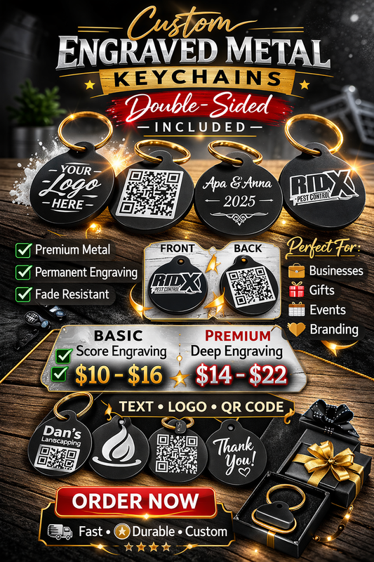Custom Engraved Metal Keychain (Double-Sided Included) | Logo, Text, QR Code